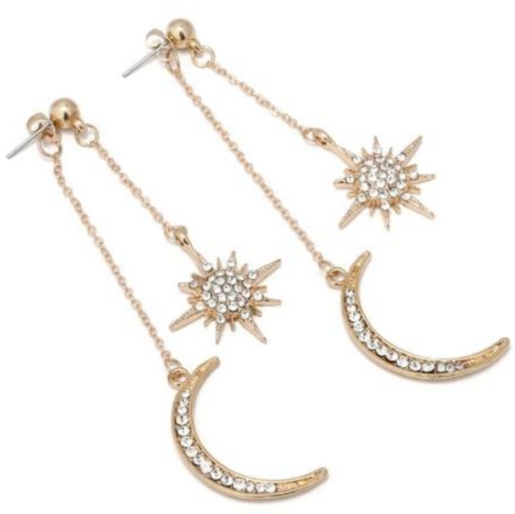 Long Gold Chain Crescent Moon Stars Earrings Rhinestone Crystal 2pc Dangle New - Picture 3 of 7
